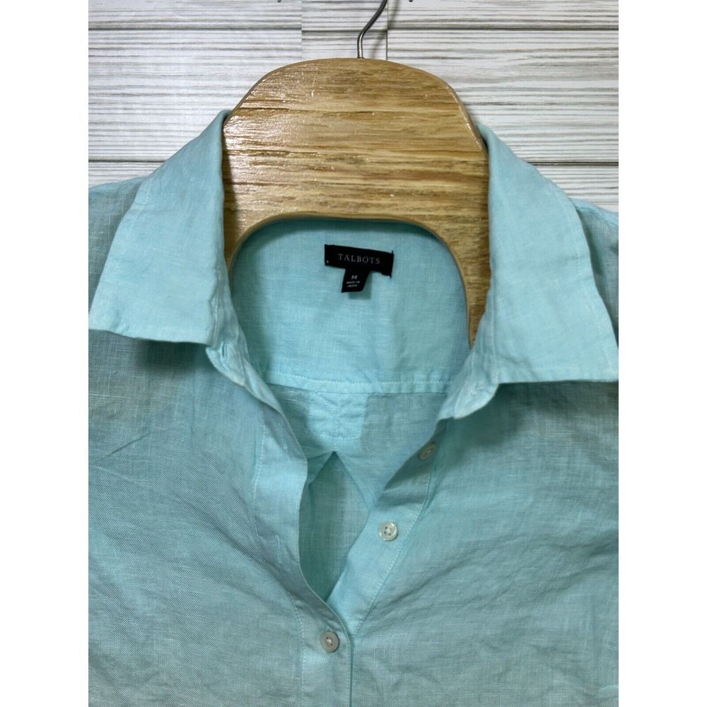 Talbots Ombre Dip Dye Blue 100% Linen Tunic Side Buttons Roll Tab Sleeve Med